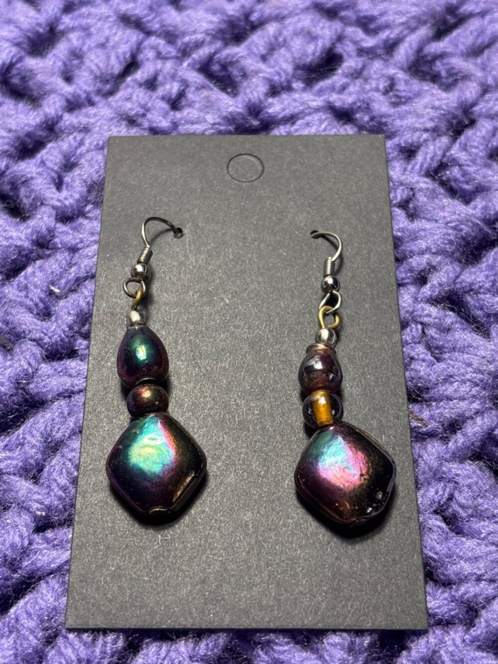 Vintage Iridescent Ceramic Beaded Dangle Earrings 1.5 inches